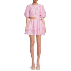 Bardot Enya Womens Size 4 Pink Organza Mini Dress Puff Sleeve Side Cut Out New